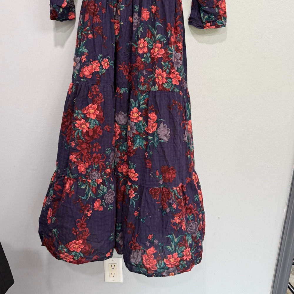 Natural Life Navy Floral Smocked Tiered Maxi Dress XS Boho V-Neck 3/4 Sleeve - Picture 3 of 6